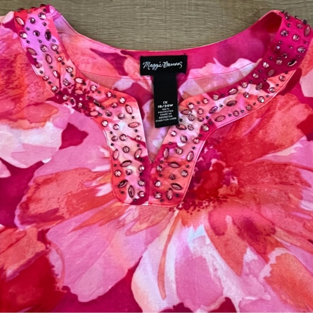 Maggie Barnes 1X Floral Sheer Pink V Neck Beaded Top Fairy Whimsical Tunic‎ Work - Picture 5 of 12